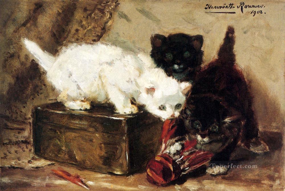 Chatons en jeu chat animal Henriette Ronner Knip Peintures à l'huile